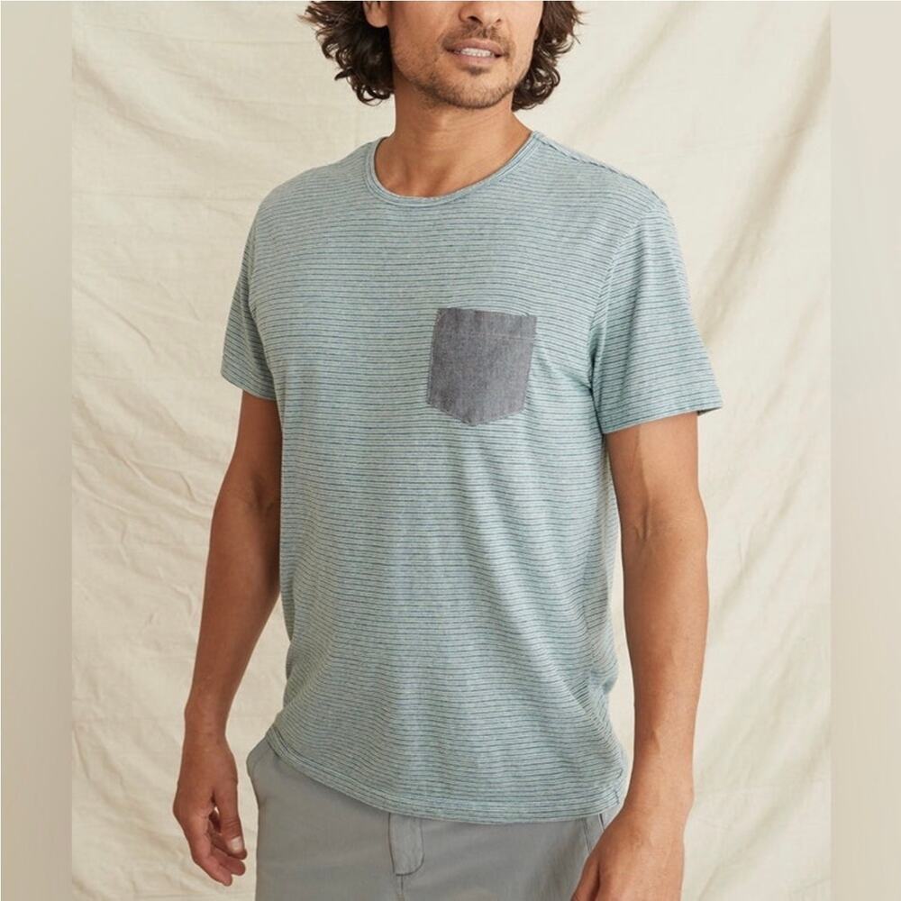 Marine Layer Shirt Mens Large Green Blue Stripe Cambria Pocket Tee Short Sleeve